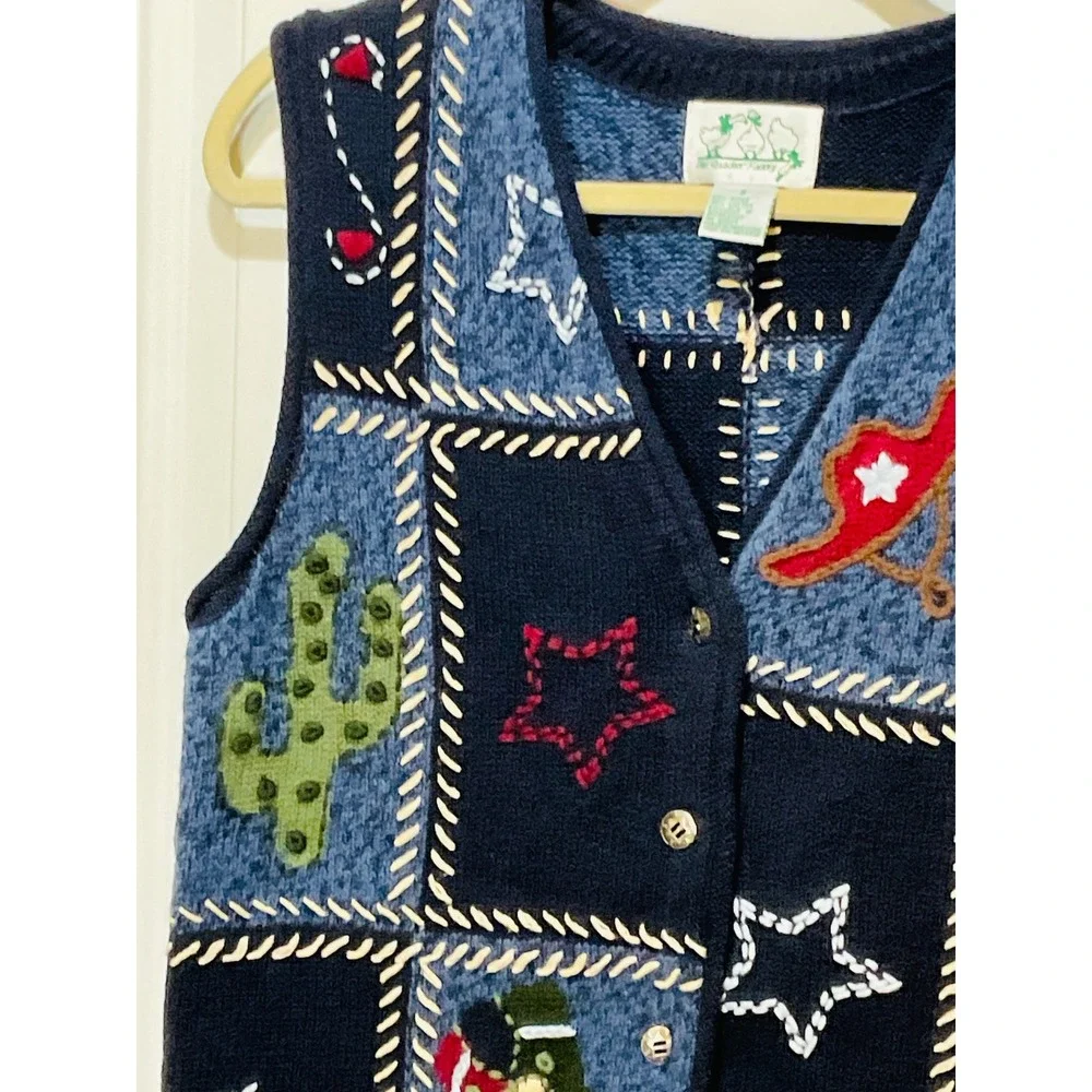 Quacker factory western cowboy boot cactus sweater vest women's S Embroidered TX